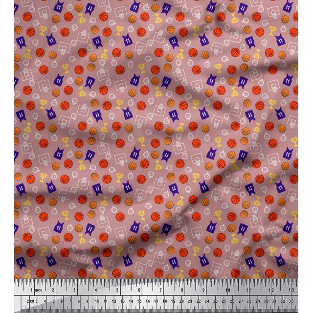 Soimoi Poly Georgette Fabric Trophy,Timer Clock & Basketball Sports Print Fabric by The Yard 42 Inch Wide