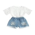 thumbnail image 3 of Baby Girls White Lace Romper Top Ripped Denim Shorts Pants Spring Summer Outfit, 3 of 6