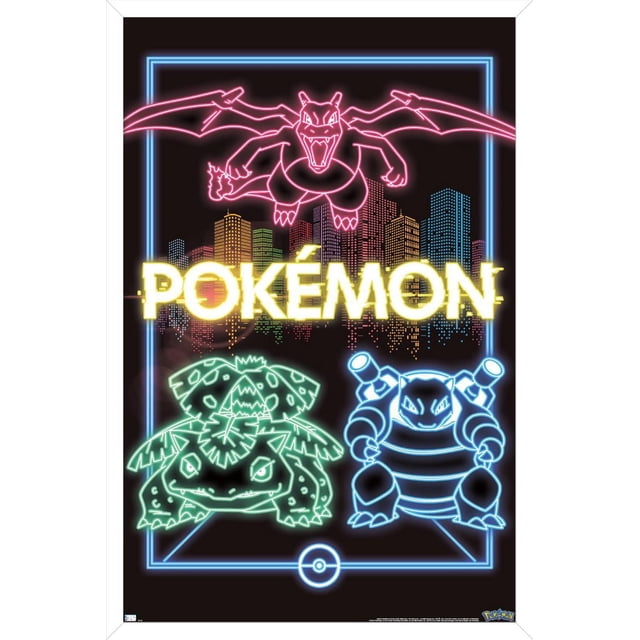 Pokémon - Neon Group Wall Poster, 14.725" x 22.375" framed featuring neon outlines of Charizard in pink flying above, Venusaur in green on the left, and Blastoise in blue on the right, with a neon city skyline and glowing Pokémon logo in yellow on a black background, suitable for vibrant room decor or themed parties.