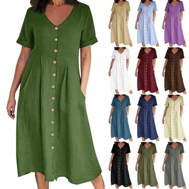 Meichang Robes Chemises en Coton et Lin pour Femmes Grande Taille à Col en V Boutonnées T-Shirts Robes Unies à Manches Courtes Coupe Ample Robes Midi d'Été Décontractées de Travail avec Poches