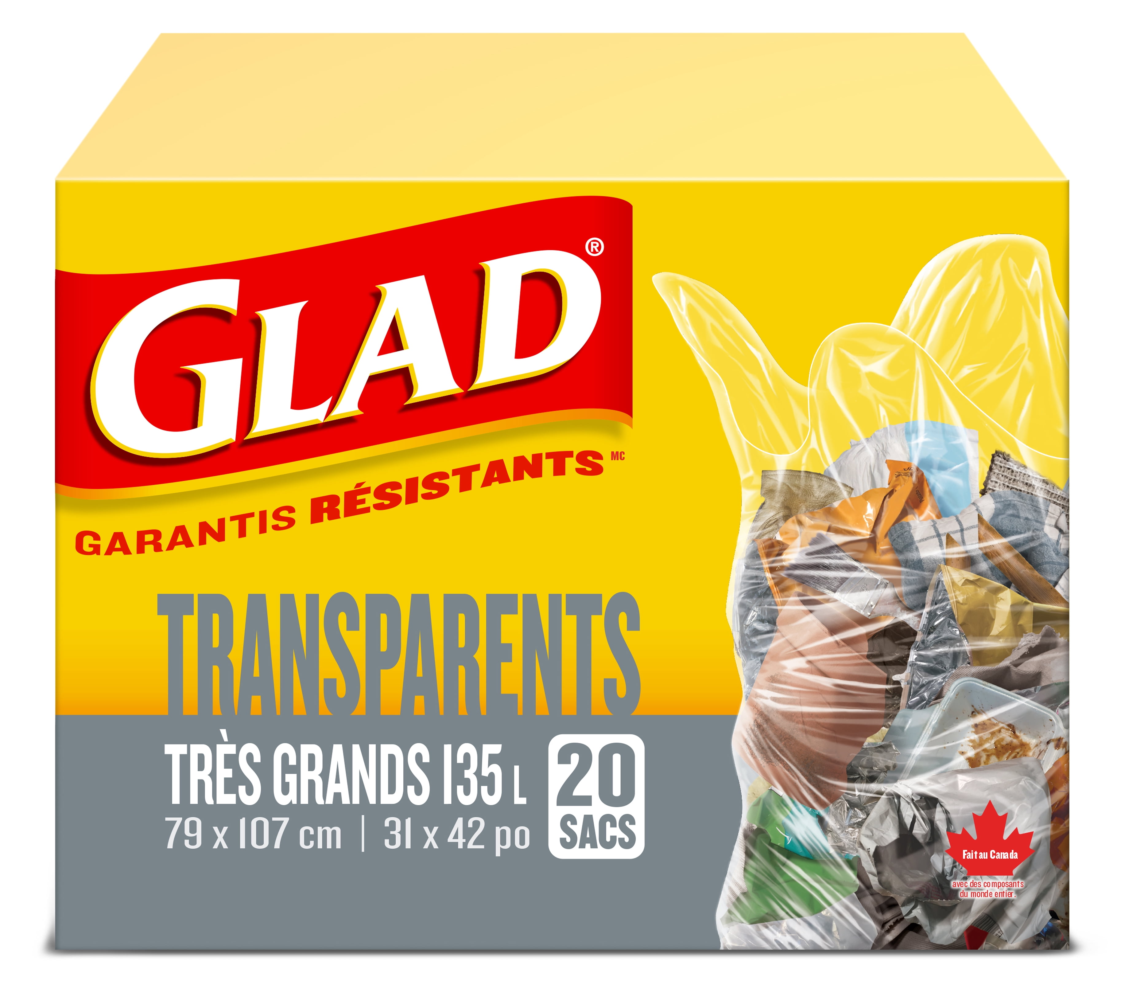 Sacs à ordures transparents de Glad, boîte de 20 très grands sacs à ordures