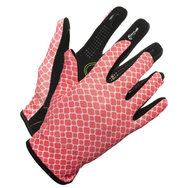 Gant de Jardin de Performance pour Femmes avec Tissu à Motif Géométrique Rose et Blanc au Dos, Palmier en Cuir Synthétique Noir avec Prise à Pois et protection Rembourrée, Poignets à Enfiler pour le Confort, Conçu pour une Meilleure Prise sur Sol Mouillé et Sec en Jardinage.