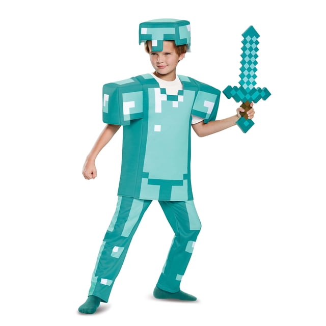 Deluxe Minecraft Armor Kids Costume featuring a boxy foam tunic with hook-and-loop fastener, elastic waistband pants, and a matching boxy hat with an inner elastic cap for a snug fit. The costume replicates the iconic diamond armor from Minecraft, made of 100% polyester fabric and polyurethane foam. Includes a pixelated sword accessory. Officially licensed and designed for children.