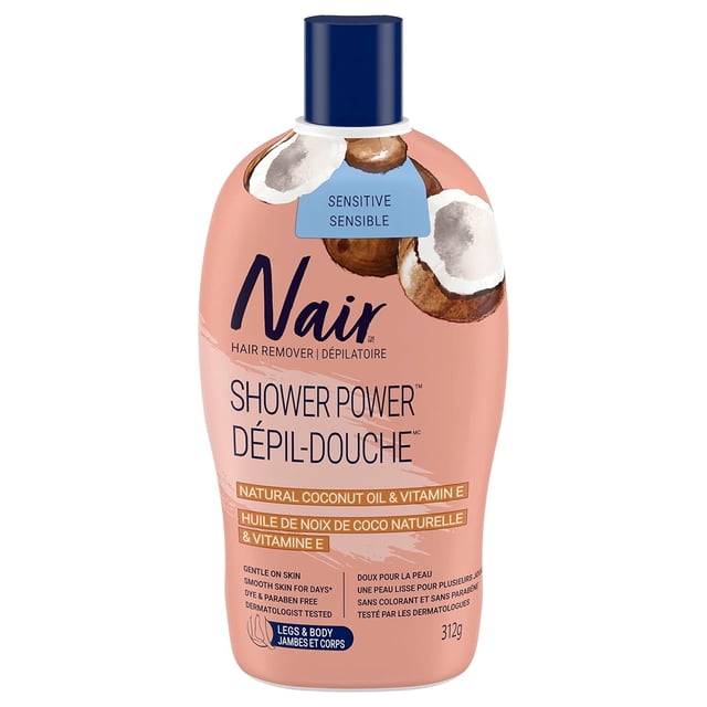 Crème dépilatoire Nair Shower Power formule sensible pour jambes et corps avec huile de coco 100 % naturelle et vitamine E, 312 g (l'emballage peut varier)