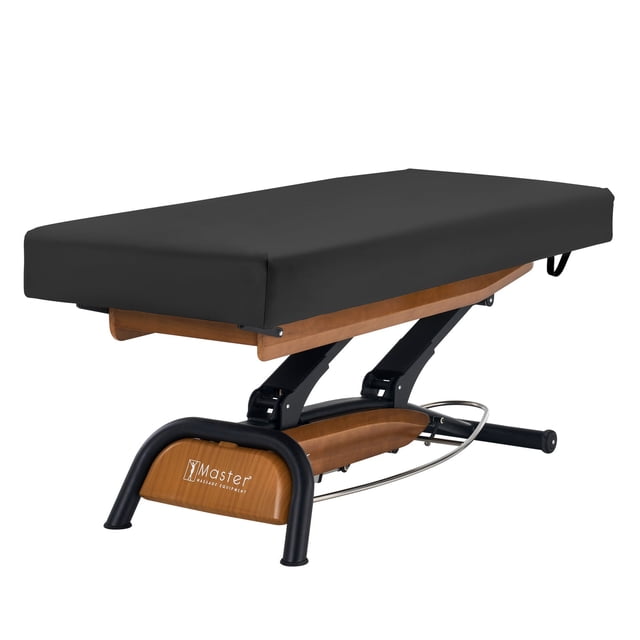 Master Massage Atlas Lit de Spa Plat à Levage Électrique, Hauteur Réglable, Lit de Salon, Table de Beauté - Base en Chêne, Dessus Crème avec Rembourrage Noir Interchangeable