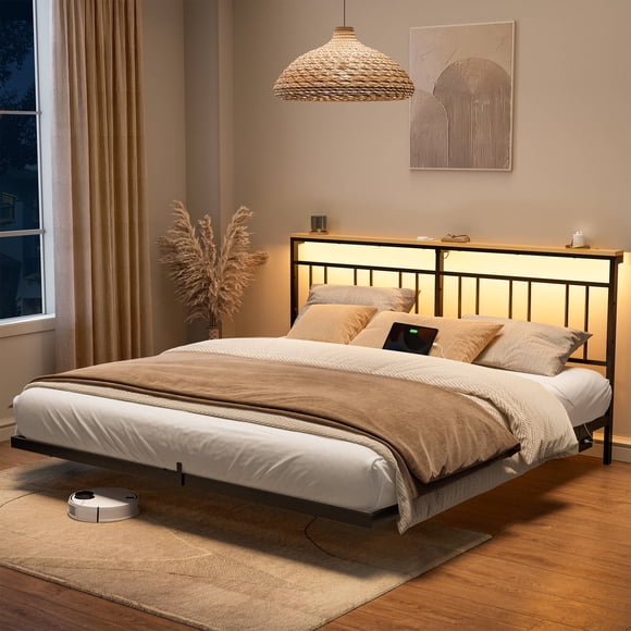 GUNAITO Floating Bed Frame King Size with LED Lights and Charging Station Modern Metal Platform,Black