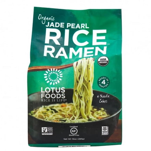 Lotus Foods Organic Jade Pearl Rice Ramen Noodle Cakes 283g package with green background showing cooked rice ramen noodles lifted by chopsticks from a black bowl, USDA organic and gluten-free certified, ready in 4 minutes, suitable for quick Asian-style meals