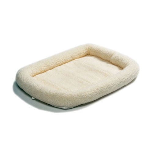 Midwest Homes For Pets Midwest Quiet Time Natural Fleece Dog Bed with cushioned poly/cotton base and polyester-filled bolsters in cream fleece, shown angled on white background, machine washable and suitable for crates, carriers, or travel.