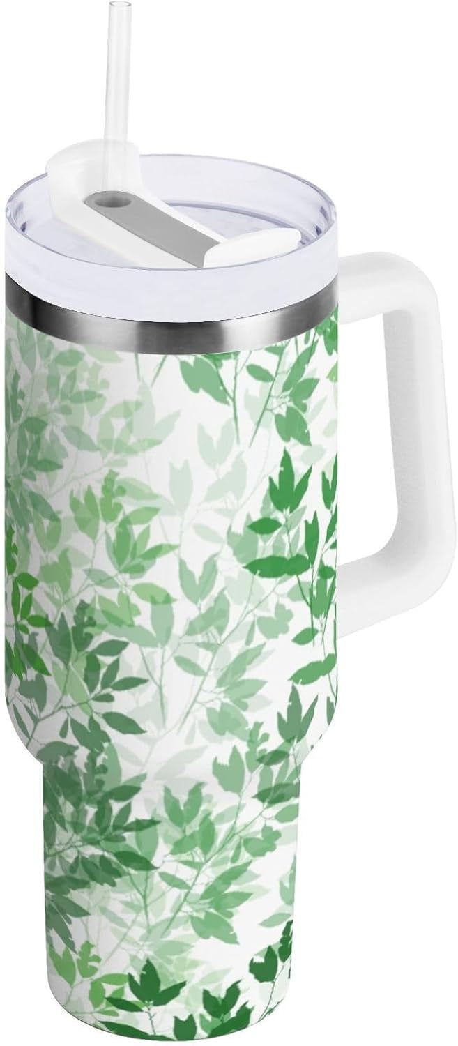 Gobelet de 30 oz avec Poignée, Couvercle et Paille, Gobelet d'Eau Isolé, Tasse d'Eau en Acier Inoxydable, Tasse/bouteille Réutilisable, Compatible avec Porte-Gobelet, Feuilles Vertes Aquarelle