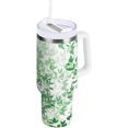 thumbnail image 1 of Gobelet de 30 oz avec Poignée, Couvercle et Paille, Gobelet d'Eau Isolé, Tasse d'Eau en Acier Inoxydable, Tasse/bouteille Réutilisable, Compatible avec Porte-Gobelet, Feuilles Vertes Aquarelle, 1 of 6