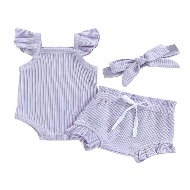 MesaSe Infant Baby Girl Summer Clothes Ribbed Ruffle Sleeveless Romper Drawstring Bloomer Shorts Headband Outfits Blue 0-3 Months