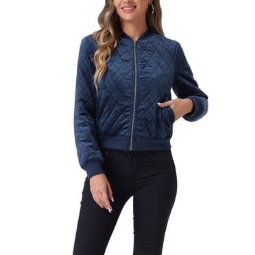 INSPIRE CHIC Veste Bomber Matelassée en Velours à Fermeture Éclair pour Femmes avec Poches G Bleu