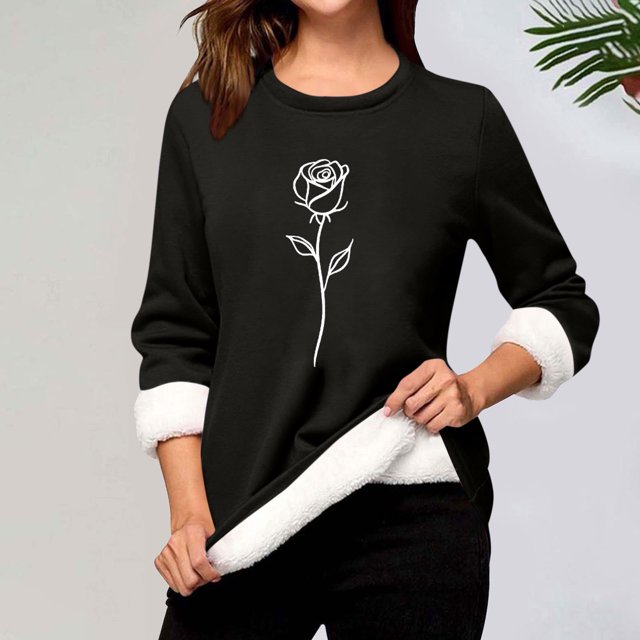 Heisall Chemises de Base pour Femmes Automne Hiver Imprimé Floral Col Rond Manches Longues Épaissies Polaire Teddy Shearling Chaud Ajusté Hauts Thermiques pour Usage Quotidien par Temps Froid