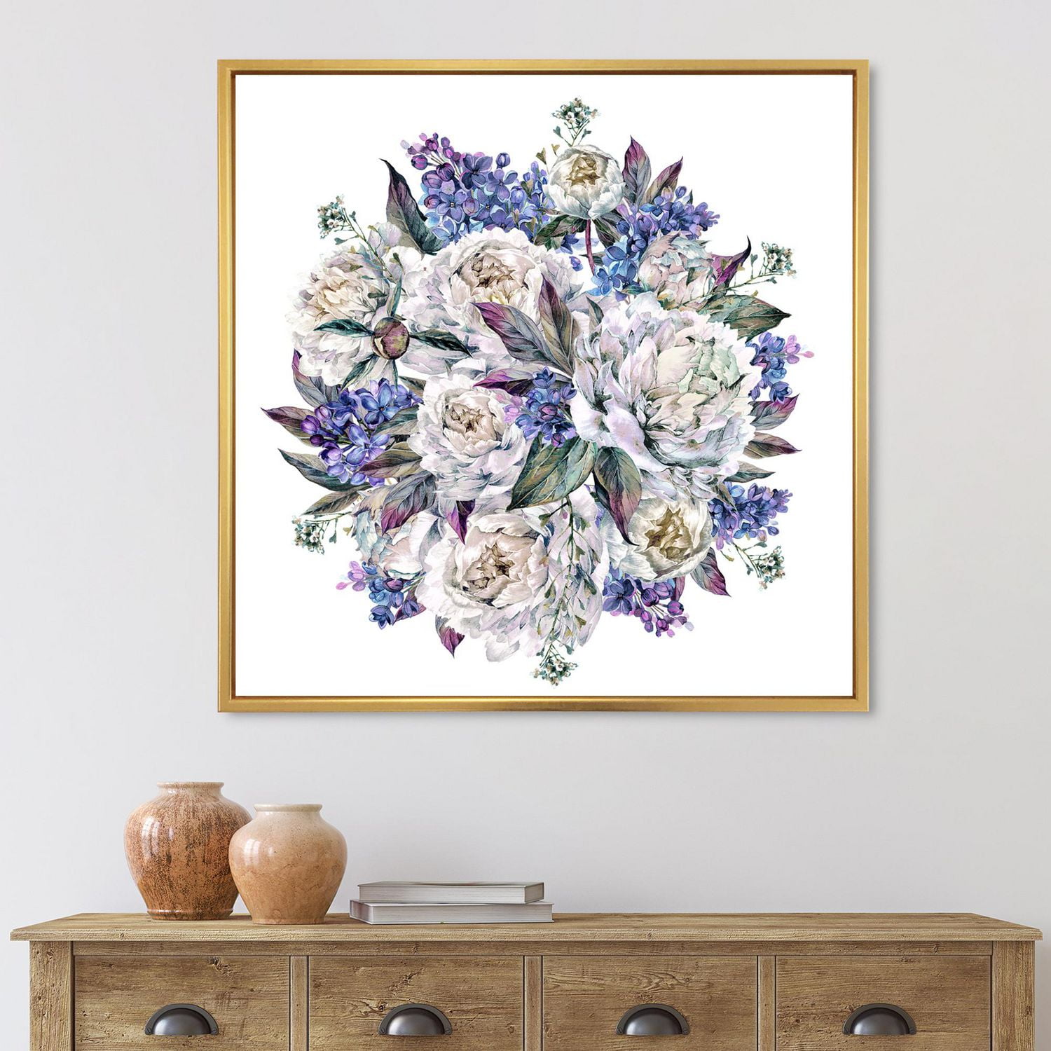Designart Bouquet Pivoines En Blanc Et Bleu ART MURAL À CADRE FLOTTÉ