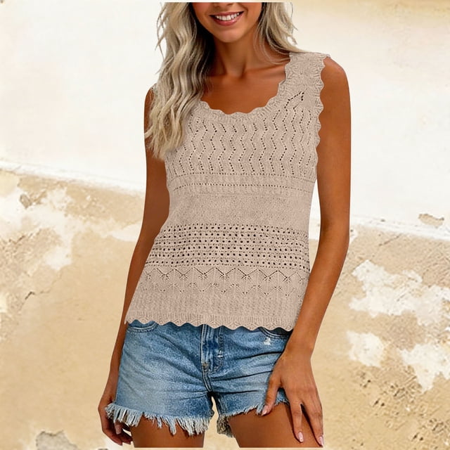 Knit Sleeveless Tops for Women Beige Openwork Knit Scalloped Hem Geometric Lace Pattern Lightw8 Crochet Top 1 Pc