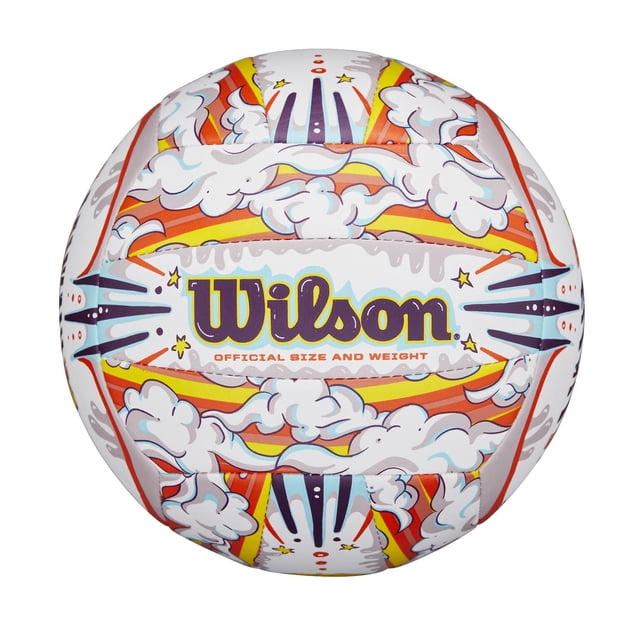 Grafitti Peace Volleyball by Wilson featuring a multicolour hand-sketched graffiti design with clouds and vibrant orange, yellow, and blue stripes. This 18-panel volleyball has machine stitching, a butyl rubber bladder for enhanced air retention, and official size and weight suitable for ages 13 and up. Durable and ideal for recreational play at the beach, park, or backyard.