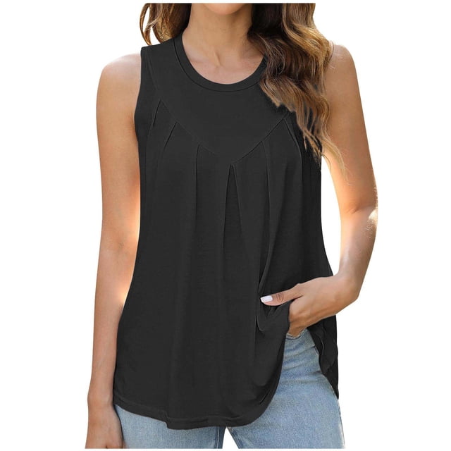 Timegard Camisoles pour Femmes Col Rond Sans Manches Froncées Élégantes Tuniques Décontractées à Porter avec des Leggings