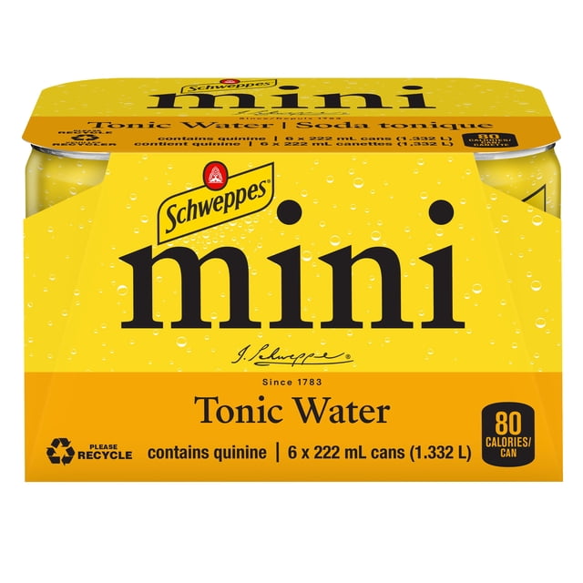 Schweppes Tonic Water Paquet de mini Canettes 6 x 222 ml avec Emballage Jaune Vif Mettant en Vedette le logo Schweppes, la quinine et 80 calories par Canette, Parfait pour Mélanger Ou Déguster comme Boisson Gazeuse Croustillante, Souvent Utilisé pour Améliorer les Rassemblements Sociaux.