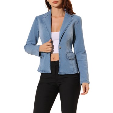 INSPIRE CHIC Women's Notched Lapel Button Up Long Sleeve Washed Denim Jacket XS Light Blue