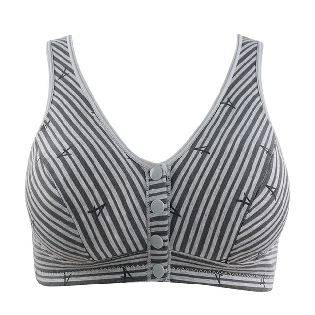 Timegard Front Closure Bras for Women in grey with a striped pattern, featuring wireless full coverage cups and wide straps for comfort. The front closure design includes multiple snap buttons for easy wear. Made from breathable, stretchy fabric that adapts to different breast shapes and provides a soft, skin-friendly feel. Ideal as a comfortable everyday bra and suitable for pairing with t-shirts, tank tops, and blazers.