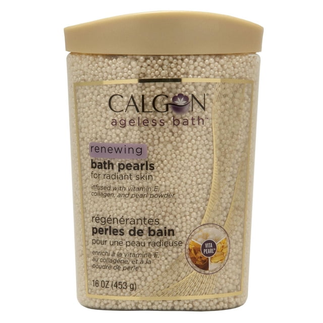 Calgon Ageless Bath Renewing Bath Pearls container filled with pearl-like bath beads for radiant skin, infused with vitamin E, collagen, and pearl powder, 16 oz (453 g), featuring Vita Pearl technology to brighten and moisturize skin after each bath.