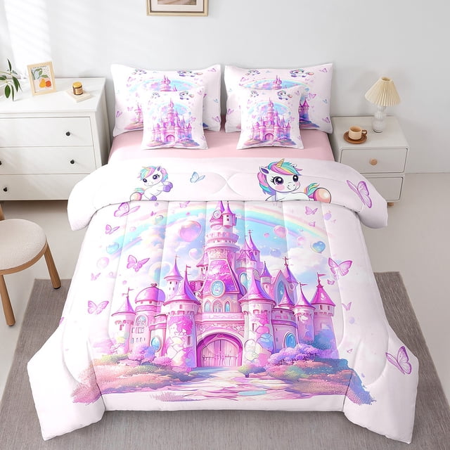 Erosebridal Ensemble de Literie Château de Rêve Format Double, Ensemble de Lit Papillon Arc-en-Ciel, Décor Thème Princesse, Réversible 7 Pcs