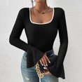 thumbnail image 4 of AherBiu Crop Tops for Women Ribbed Flare Long Sleeve Square Neck Slim Tight Basic Spring Shirt Blouse, 4 of 7
