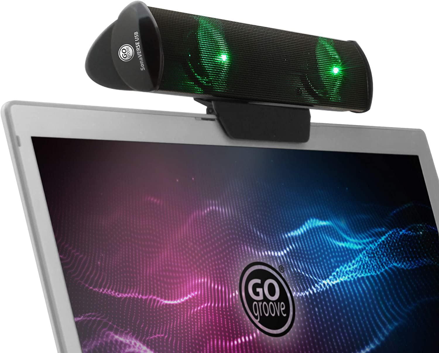 GOgroove SonaVERSE Haut-parleur LED pour ordinateur portable – Barre de son à clipser alimentée par USB avec mini haut-parleur externe portable pour moniteur, interrupteur arrière pour alimentation, e