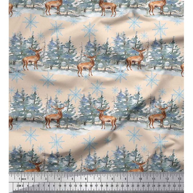 Soimoi White Rayon Crepe Fabric Reindeer & Snowflakes Tree Printed Fabric 1 Yard 46 Inch Wide