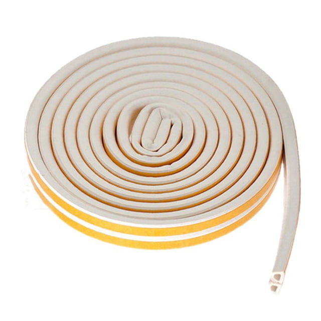 Door Weather Stripping, Soundproofing Door Seal Strip for House White. A coiled white D-type self-adhesive sealing strip made of ethylene propylene rubber, designed for doors and windows. The strip measures approximately 0.9x0.6cm and provides sealing for gaps of 4-6mm. It reduces noise, prevents dust accumulation, and offers waterproof, windproof, and weatherproofing protection. Suitable for home improvement applications.