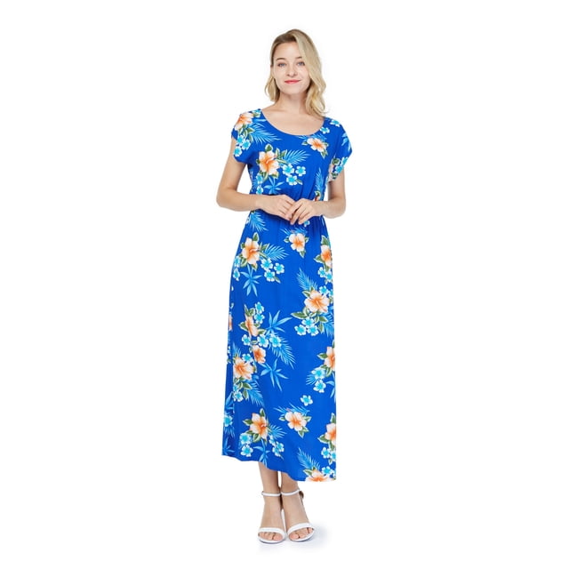 Robe Longue Simple Hawaïenne pour Femme à Manches Cap Luau L Hibiscus Blue
