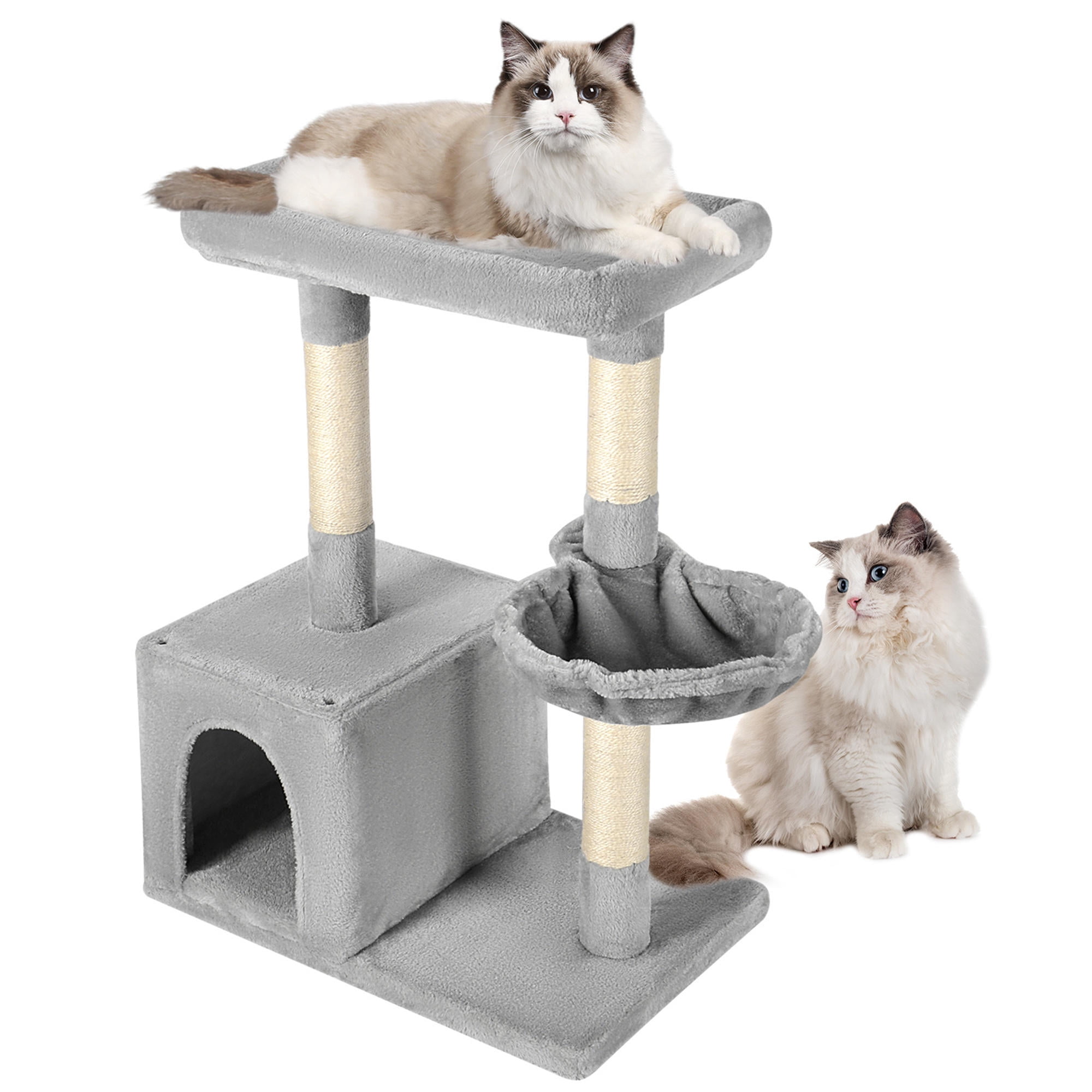 32 Inch Cat Tree with Sisal-Covered Scratching Posts and 1 Plush Condos Cat Condo Furniture for Kittens, Light Gray