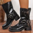 thumbnail image 3 of Buckle Mid Calf Motorcycle Riding Boots for Women Fashion Studded Punk Square Toe Wide Calf Cowboy Booties, 3 of 7