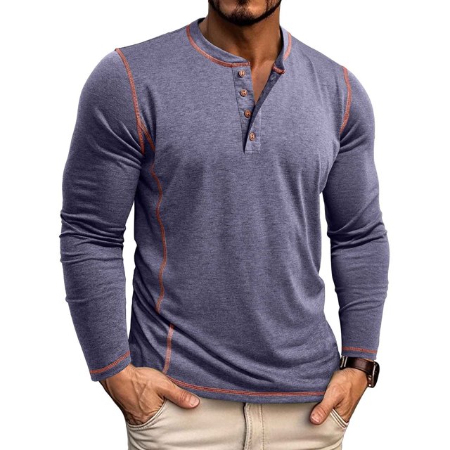 RXIRUCGD Chemise Décontractée pour Homme à Couleur Unie, Boutonnée, Col Rond, Manches Longues, Bleu Foncé, Taille : TG