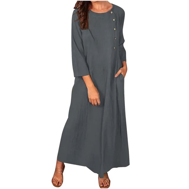 CHOK Robes d'Été Décontractées pour Femmes Robe Haute en Coton Lin Manches 3/4 Ample Légère Longue avec Poches