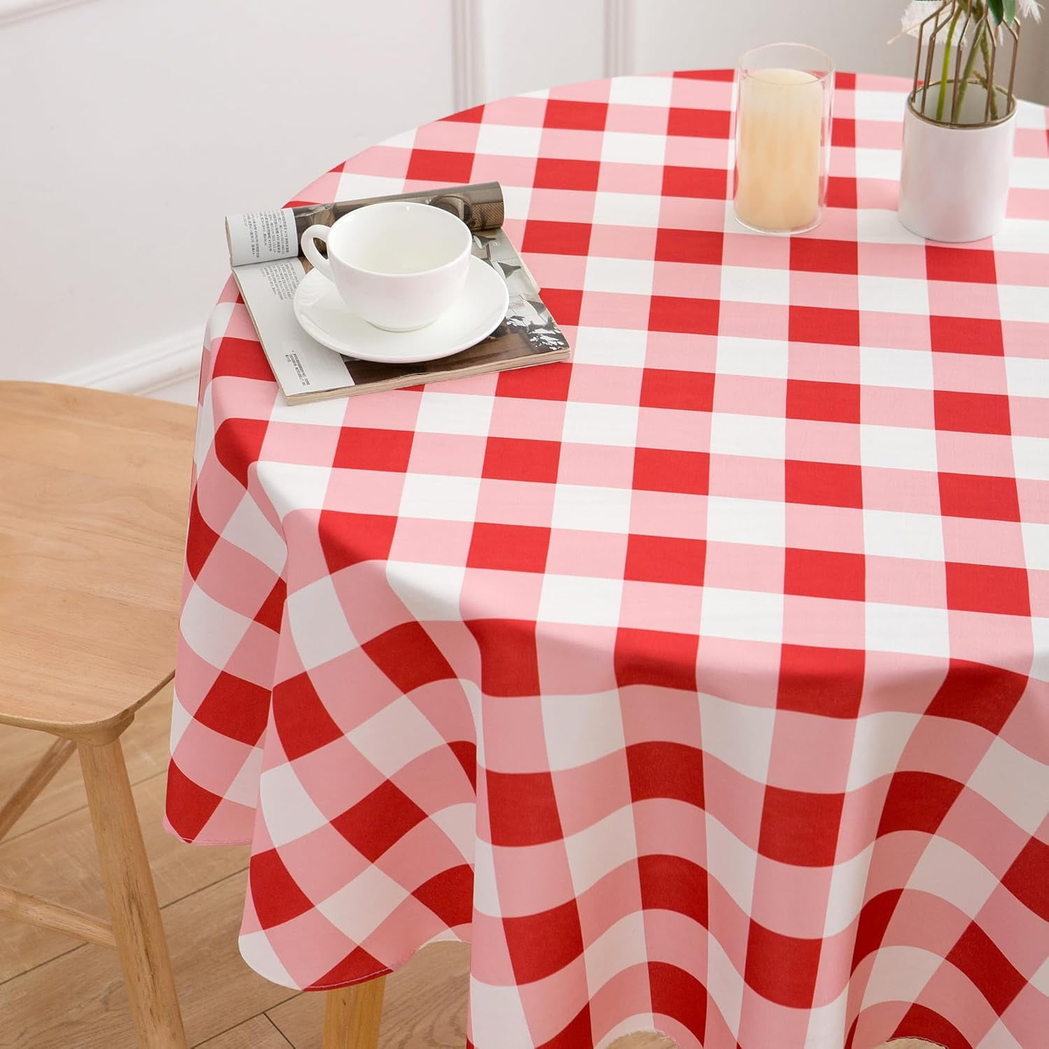 Red Round Tablecloth 60 Inch Red and White Buffalo Plaid Gingham Checkered Table Cloth - Polyester Table Cover Reusable Waterproof Wipeable for Holiday Party Picnic Dinning Decorations