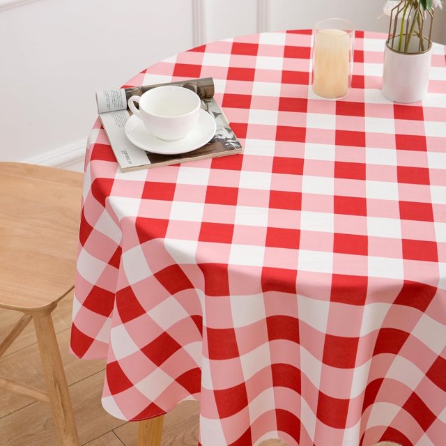 Nappe Ronde Rouge 60 Pouces Carreaux Buffalo Rouge et Blanc Gingham à Carreaux Nappe - Housse de Table en Polyester Réutilisable Imperméable Essuyable pour Décorations de Fête, Pique-Nique, Salle à Manger