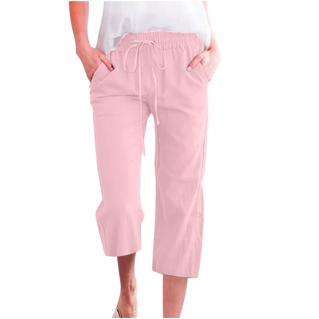 Timegard Womens Plus Size Pants Capris Cotton Linen Solid Color Casual Loose Cropped Trousers with Pockets