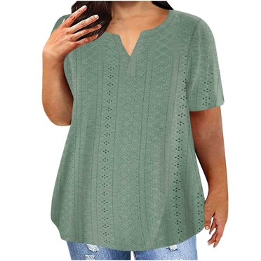 Meichang Hauts Grande Taille pour Femmes Col en V Manches Courtes T-Shirts à Illets Coupe Ample Basique Chemises Habillées Décontractées Légères Blouses de Travail Vert L