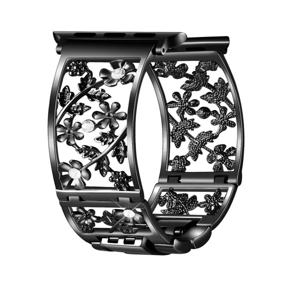 Duoan Bracelet Floral compatible avec Apple Watch Bracelet Bijoux 38mm 40mm 41mm iWatch Séries 8 7 6 5, Bracelet Cristal Bling Manchette en Métal Creux Habillé, Bracelet Mode Femmes Filles (384041mm Noir)