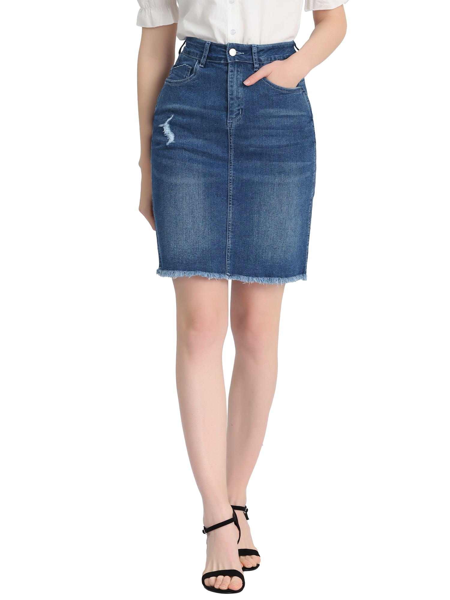 Unique Bargains Women's Distressed Ripped Hem Washed Denim Skirt, Vintage Blue, XS