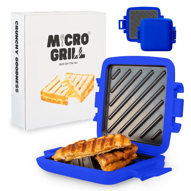 Micro Grill microwave grill sandwich maker in blue, designed for grilling and toasting sandwiches in a microwave. The open grill shows grilled sandwiches on its ridged, non-stick surface, emphasizing even heat distribution. The compact, food-grade silicone design is durable and easy to clean. The branded packaging in the background highlights its portability and functionality.