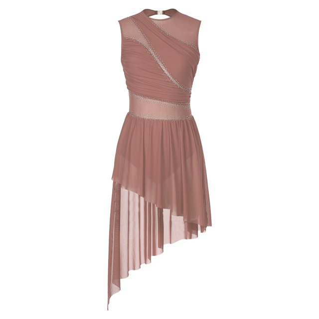 RUNQHUI Robe de Danse Lyrique pour Femmes Robe de Patinage Artistique Sans Manches en Mousseline Fluide Justaucorps-Robe Asymétrique Rose Poudré m