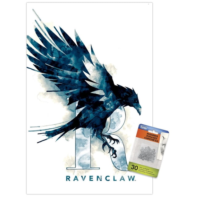 Le Monde des Sorciers : Harry Potter - Affiche Murale du Logo de la Maison Illustrée Serdaigle, 14,725 Pouces x 22,375 Pouces, Présentant un Grand Corbeau Aquarelle Bleu en Vol au-Dessus d'Une Lettre R Bleu Pâle avec des Détails Aquarelle Texturés, le Mot « Serdaigle » en Majuscule au-Dessus, Imprimé sur Papier d'Affiche Lustré, Idéal pour la Décoration Murale de Chambre Ou de Dortoir, Comprend 30 Punaises Transparentes pour un Montage Facile.