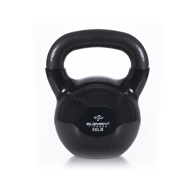 Element Fitness Vinyl Coated Kettlebell 50 lb Black Cast Iron Strength Training