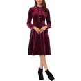 thumbnail image 1 of INSPIRE CHIC Women's Velvet Dress Mock Neck Button Front Ruffle Vintage Flare Dresses XS Burgundy, 1 of 6