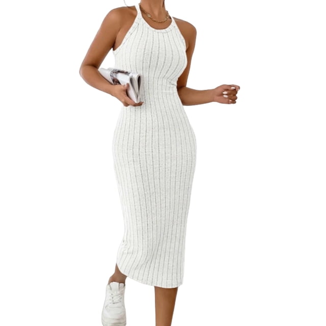 Oksale Robes Moulantes pour Femmes Sans Manches Côtelées Robe Maxi Ajustée Douce Extensible Confortable Col Ras du Cou Dos Nu Robes d'Été pour Fête de Vacances Blanc TG