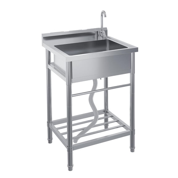 Stainless Steel Utility Sink – Freestanding Single Bowl Commercial Sink with Faucet, Cold & Hot Water Pipes, Storage Shelf, and Drain Kit – Ideal for Kitchen, Bathroom, Laundry Room, Garage