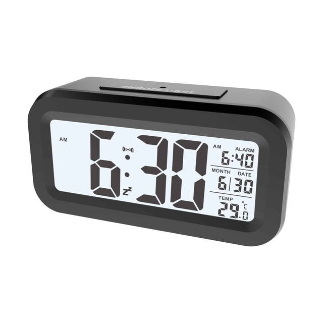 TopLLC Temperature Version Smart Clock featuring a black plastic body with a large LCD display. The screen shows the time, alarm, date, and temperature in Celsius. It includes light-sensing technology for automatic brightness adjustment and a snooze button for convenience. Ideal for dorms, RVs, and home offices.