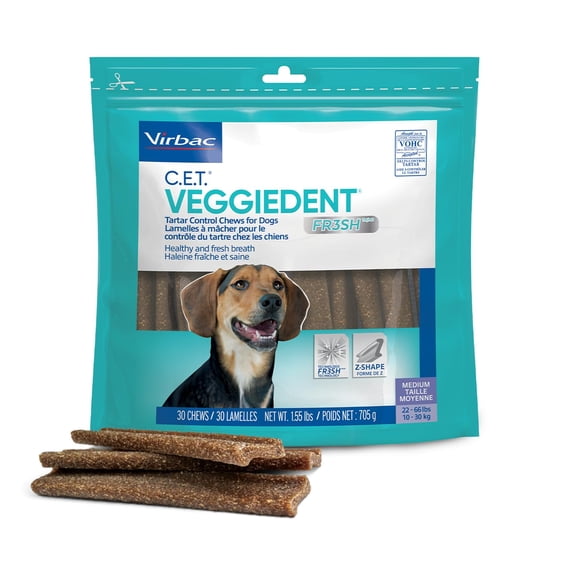 Virbac C.E.T. VEGGIEDENT FR3SH Mastication Anti-Tartrage pour Chiens de Taille Moyenne 22 à 66 Livres, 30 Mastications, une Solution Saine pour des Dents Propres, une Haleine Fraîche et Plus.